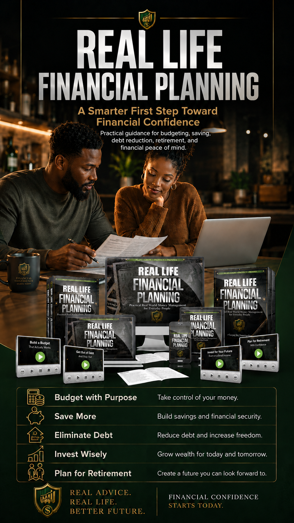 Real Life Financial Planning product banner with budgeting, savings, debt, investing, and retirement resources