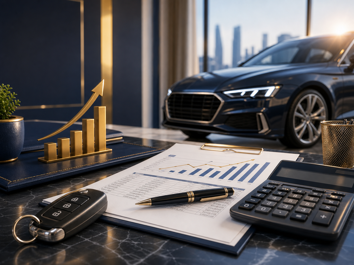 Luxury car note funding documents with calculator and chart