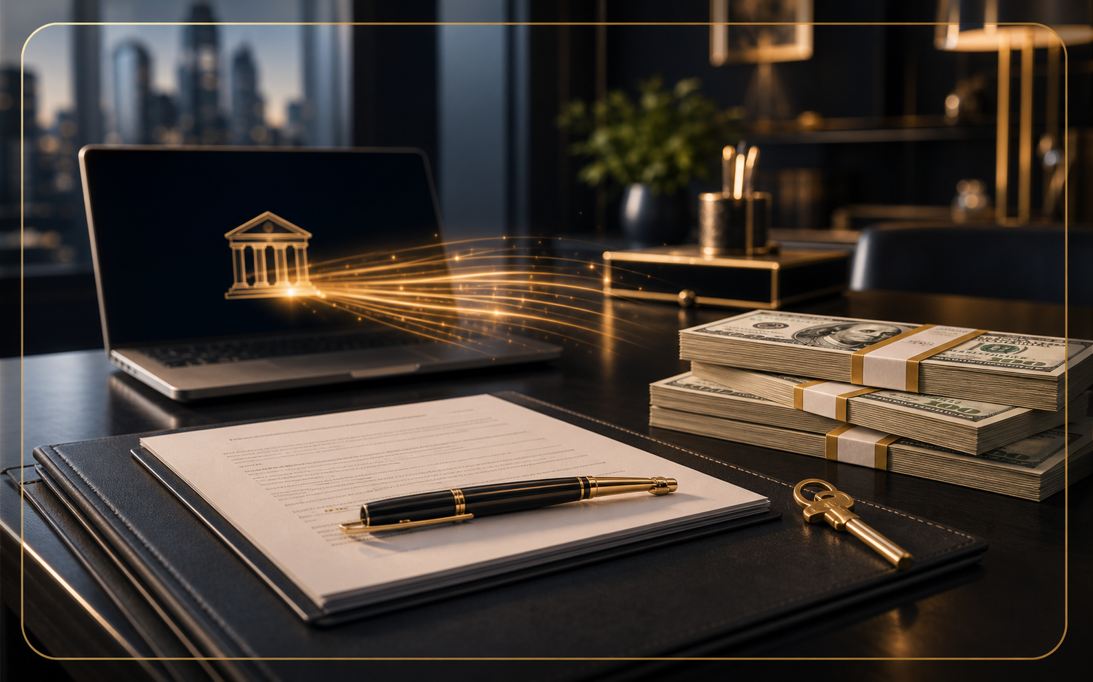 Desk with closing documents, keys, cash, and digital funding transfer